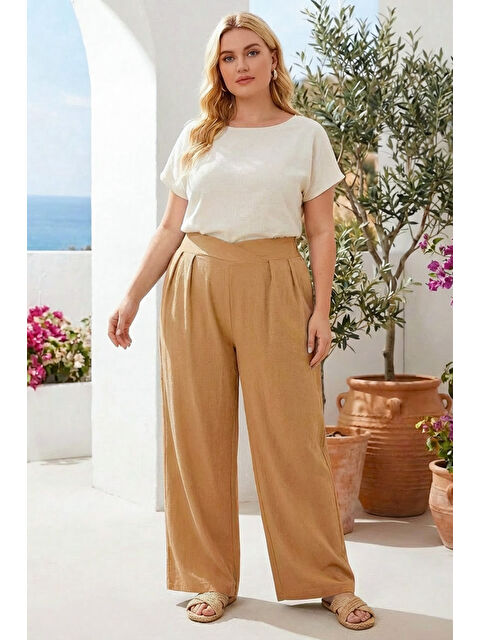 Stil Diva Büyük Beden Pileli Cepli Geniş Paça Esnek Kumaşlı Pantolon 875-V - S000501761-4557