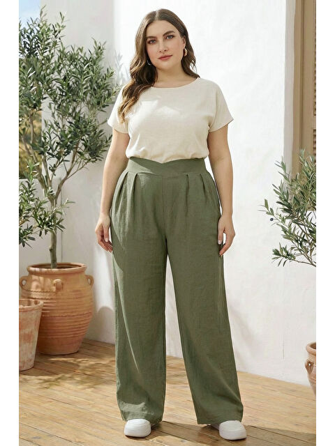 Stil Diva Büyük Beden Pileli Cepli Geniş Paça Esnek Kumaşlı Pantolon 875-V - S000501761-18547