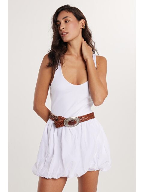 TUDORS Kadın Slim Fit Dar Kesim İnce Askılı Balon Etek Beyaz Elbise - S000520601-20063