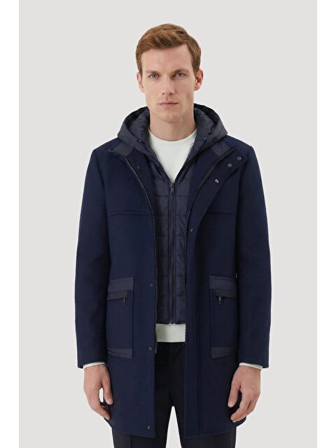 Sabri Özel Lacivert Comfort Fit Kapüşonlu Fermuarlı Erkek Kaşe Kaban