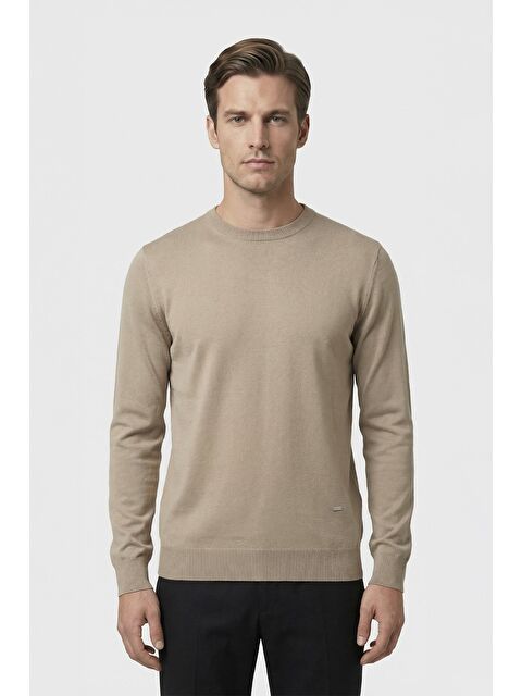 Sabri Özel Standart Fit Bej Yün Karışımlı Sıfır Yaka Düz Desen Triko Kazak - S000524137-19928