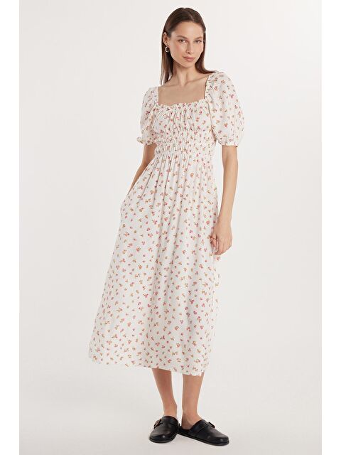 TUDORS Kadın Relax Fit Rahat Kesim Beli Lastikli Balon Kol U Yaka Baskılı Elbise - S000520605-23173