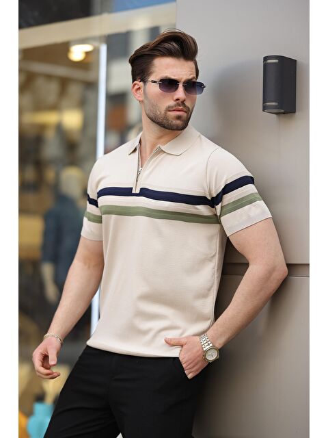 Madmext Taş Rengi Fermuarlı Polo Yaka Triko Erkek Tişört E7299