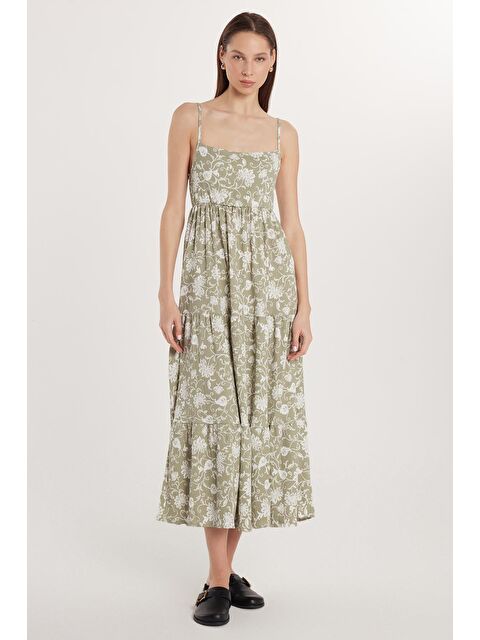 TUDORS Kadın Regular Fit İnce Askılı Kare Yaka Bağlama Detaylı Baskılı Elbise - S000520610-23173