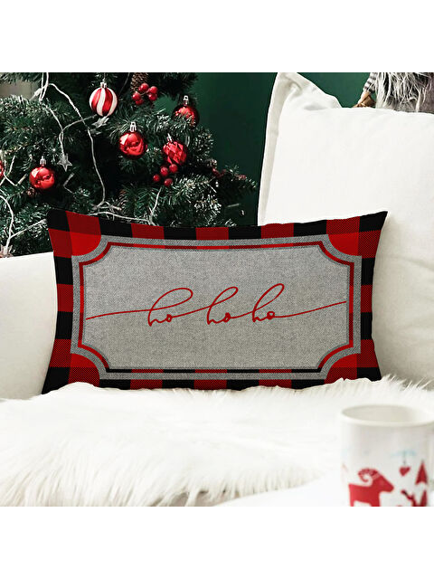 Evmila Yılbaşı Temalı Ho Ho Ho Desenli Kadife Kırlent Kılıfı 35x55 cm - S000285321-23173