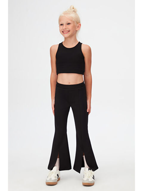 Lovetti Siyah Kız Çocuk Ön Yırtmaçlı Nervürlü Scuba Pantolon - S000464579-19351