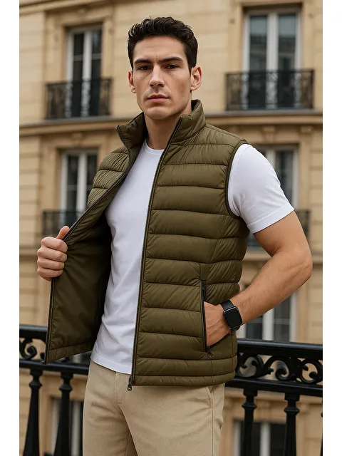 Comstar Erkek Kışlık Cepli Trend Fermuarlı Haki Şişme Yelek