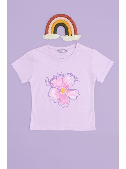 Fullamoda Çiçek Baskılı Bisiklet Yaka Kız Çocuk Tişört