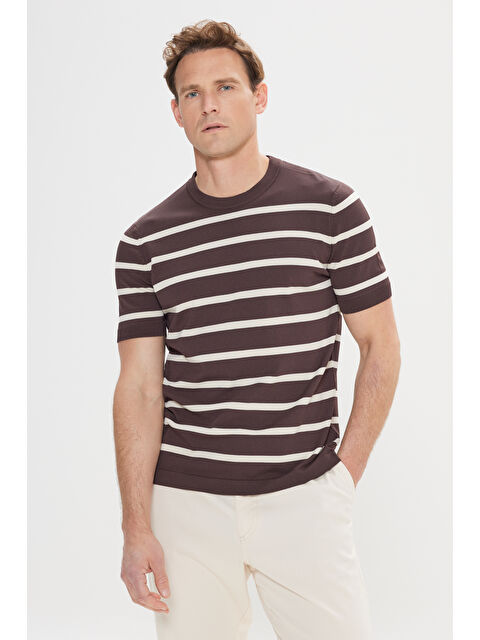 AC&Co / Altınyıldız Classics Erkek Kahve-Ekru Yumuşak Dokulu Normal Kesim Bisiklet Yaka Çizgili Triko Tişört - S000512382-6419