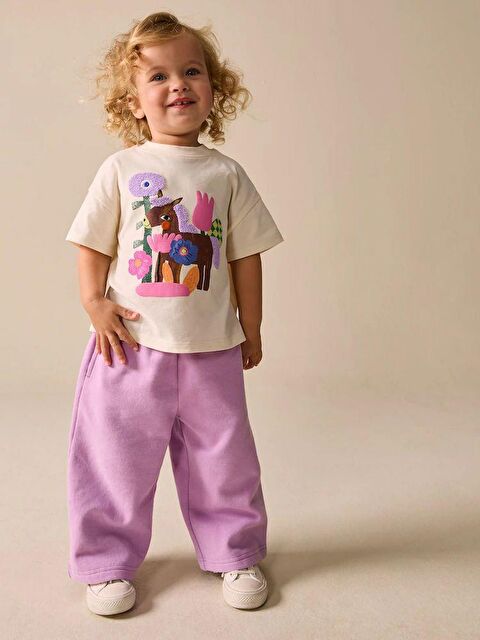 Magu Kız Çocuk Pamuklu Krem Baskılı T-Shirt Ve Lila Pantolon Takım - S000520619-37243