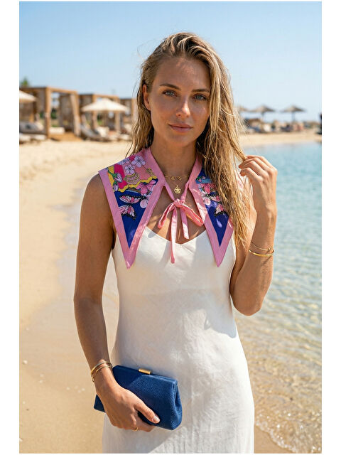 Luminos Butik Kadın Pembe Bağlamalı Desenli Yaka Omuz Fuları YK001 PEMBE