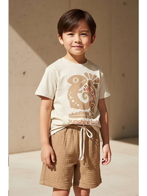 Monila Erkek Çocuk Pamuklu Tarçın İguana Baskılı T-Shirt Ve Müslin Kumaş Şort Takım - S000515698-19956