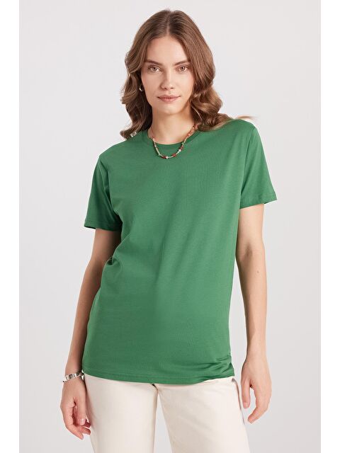 TUDORS Kadın Bol Kesim Rahat Duruş %100 Pamuk Yumuşak Dokulu Yeşil Bisiklet Yaka Tişört - S000523294-18194