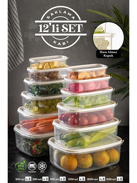 Meleni Home 12'li Sweet Box Saklama Kabı Seti Dikdörtgen Erzak Kabı Bej 2x(300-500-850-1350-2000-3150 ml) - S000108712-29666