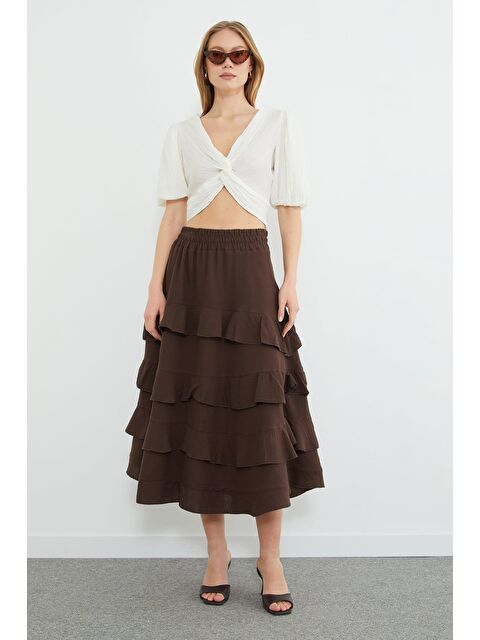 Fullamoda Beli Lastikli Müslin Kumaş Midi Boy Etek