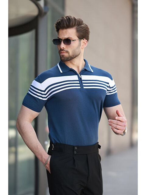 Madmext Lacivert Fermuarlı Polo Yaka Erkek Triko T-Shirt E7407 - S000423979-21164