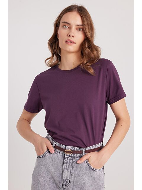 TUDORS Kadın Bol Kesim Rahat Duruş %100 Pamuk Yumuşak Dokulu Mor Bisiklet Yaka Tişört