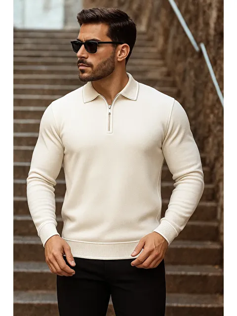 Comstar Erkek Trend Fermuarlı Uzun Kollu Krem Polo Yaka Kazak