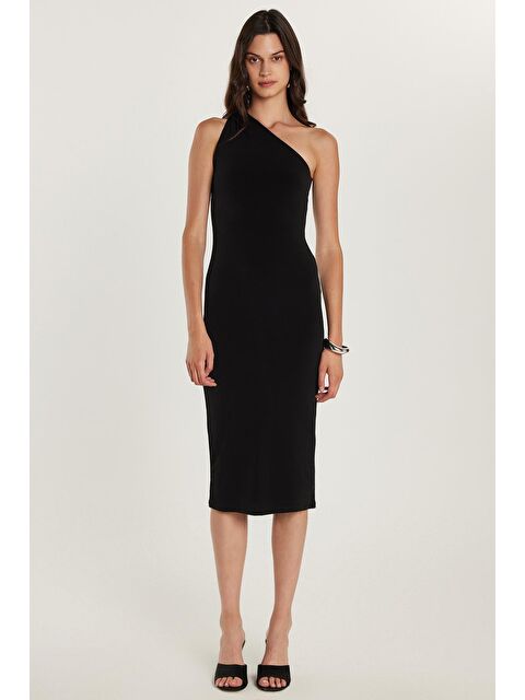 TUDORS Kadın Slim Fit Dar Kesim Tek Omuz Askılı Siyah Elbise - S000520633-19351