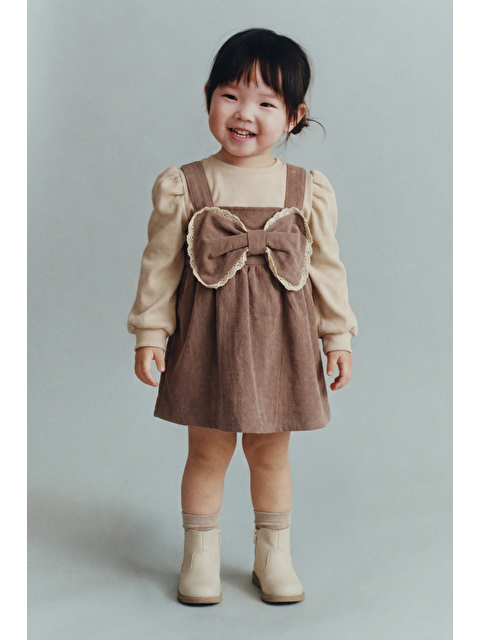 Magu Kız Bebek Pamuklu Kahverengi Fiyonk Detaylı Kadife Salopet Elbise - S000501796-23173