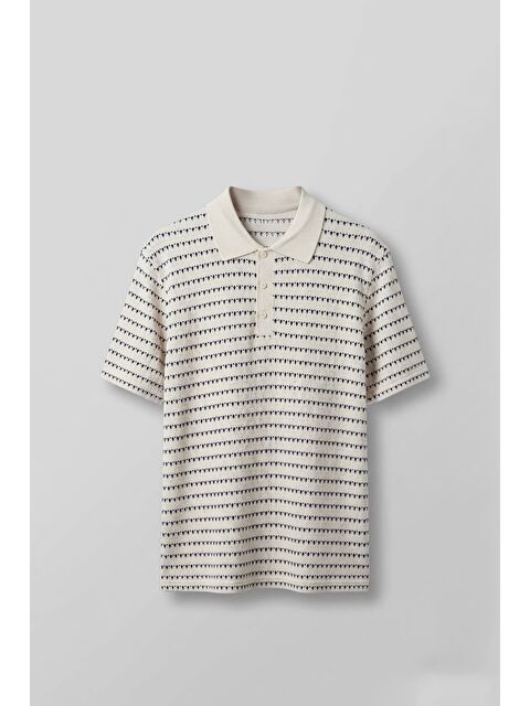 Abluka Online Erkek Relaxed Fit Ajurlu Örme Polo Yaka T-Shirt Ekru