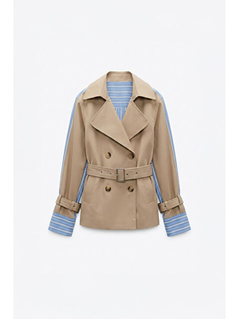 QUZU Çizgili Astarlı Kemerli Kısa Trençkot Bej - S000524149-19928