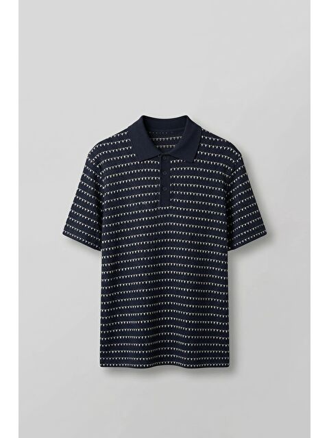 Abluka Online Erkek Relaxed Fit Ajurlu Örme Polo Yaka T-Shirt Lacivert