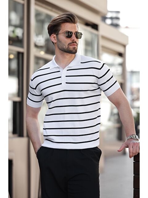 Madmext Beyaz Çizgili Polo Yaka Erkek T-Shirt E7405 - S000423980-20063