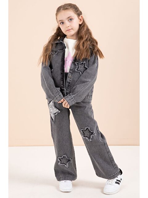 Cansın Mini Siyah Yıldız Nakışlı Ceketli Kız Çocuk 3lü Jean Takım 23444 - S000487225-19351
