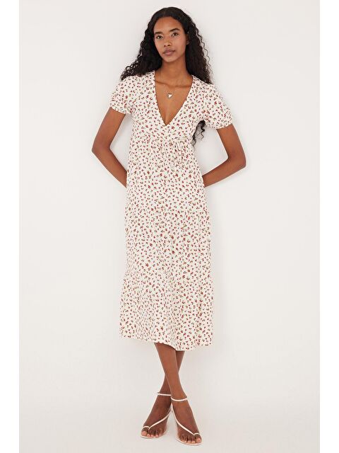 TUDORS Kadın Slim Fit Dar Kesim Kısa Kollu Baskılı V Yaka Elbise - S000520637-23173