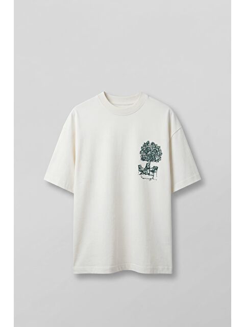 Abluka Online Erkek Süper Oversize %100 Pamuk Nature Baskılı T-Shirt Ekru