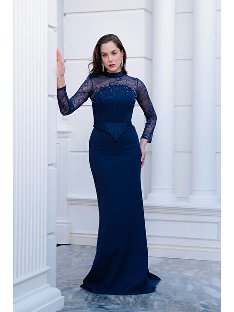 Lafaba Kadın Lacivert Bolero Detaylı Uzun Dantelli Balık Abiye Elbise - S000531430-21164