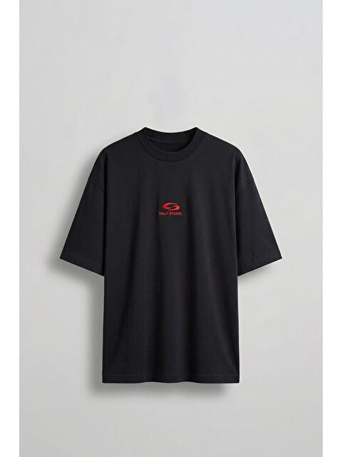 Abluka Online Erkek Oversize Basic Minimal Logo Nakışlı T-Shirt Siyah