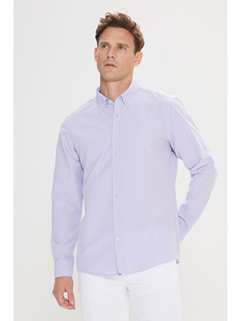 AC&Co / Altınyıldız Classics Erkek Lila Slim Fit Dar Kesim Gofre Desenli Düğmeli Yaka Hafif Kumaş Gömlek - S000394311-17878