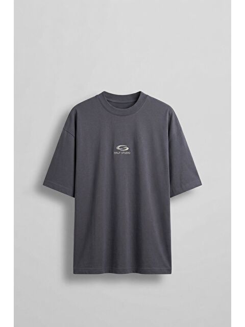 Abluka Online Erkek Oversize Basic Minimal Logo Nakışlı T-Shirt Antrasit