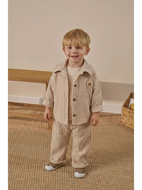 Magu Erkek Çocuk Pamuklu Bej Gömlekli Pantolonlu Takım - Çizgili T-Shirt Detaylı - S000511483-19928