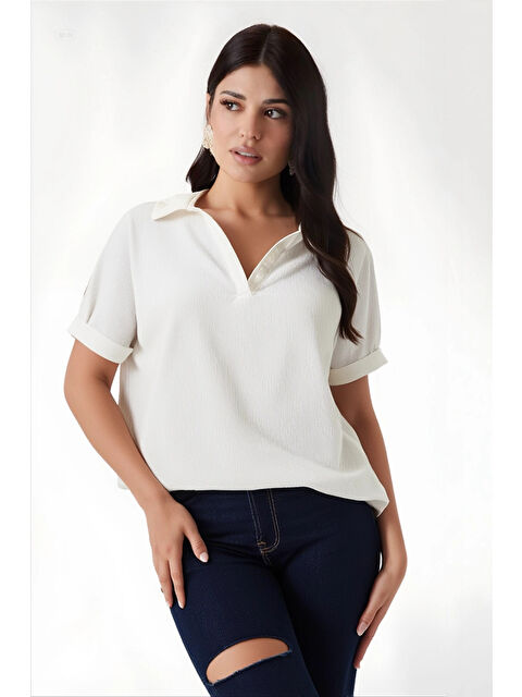 Hazelin Kadın Ekru Polo Yaka Geniş Kesim Örme Bluz HZL24S-BD104861 - S000201010-19965