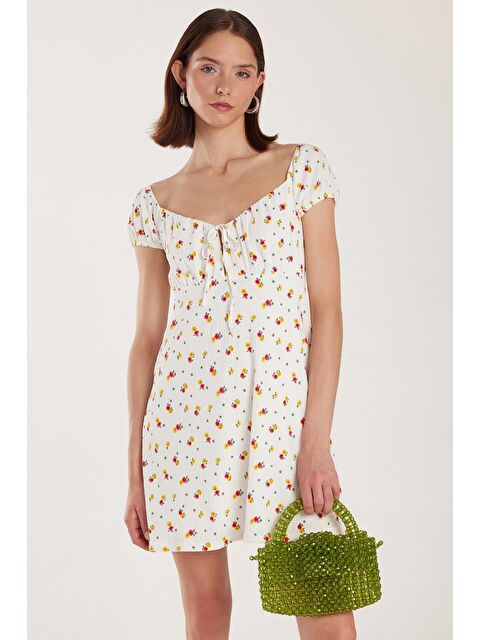 TUDORS Kadın Standart Fit Bağlama Detaylı Gofre Kare Yaka Mini Elbise - S000520646-5409