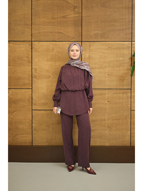 Locco Moda Kadın Hakim Yaka Balon Bel Volanlı Slimfit Tencele Takım Mürdüm - S000500036-20036