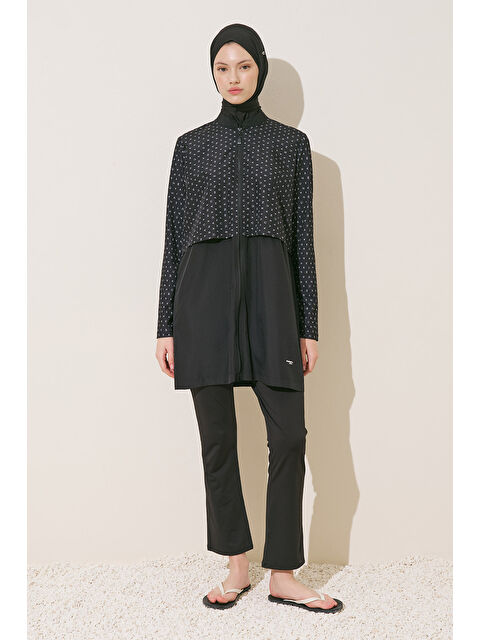 Manuka Fermuarlı 3'Lü Tesettür Mayo Takım Siyah Logo Desen - S000529501-19351