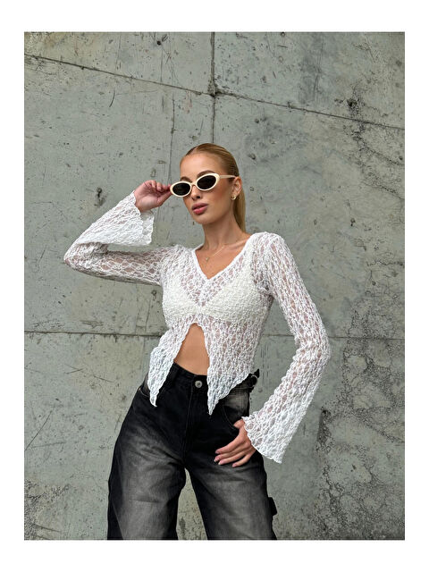 Hazelin Kadın Beyaz Önü Büzgülü İspanyol Kol Tül Bluz HZL24S-ZK13381 - S000425461-20063