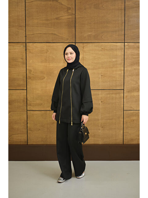 Locco Moda Kadın Kapüşonlu Çift Fermuar Detay Regular Scuba Takım Siyah - S000500146-19351