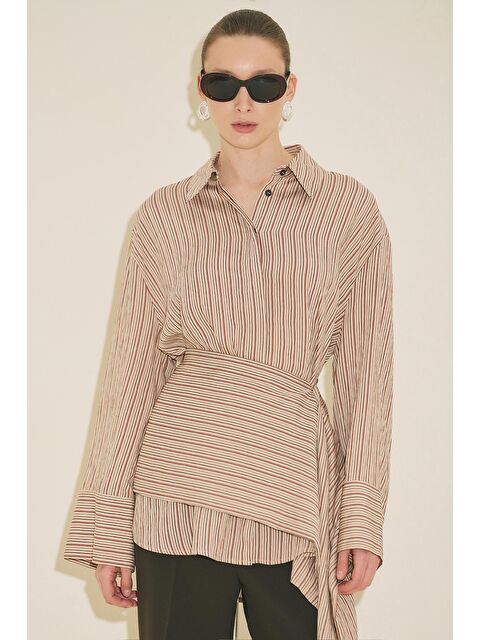 Manuka Kemer Detaylı Çizgili Gömlek Kiremit - S000529509-18657