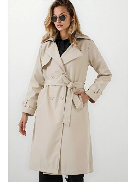 Hazelin Kadın Bej Kruvaze Yaka Kuşaklı Astarlı Trençkot HZL25W-BD159181 - S000443028-19928