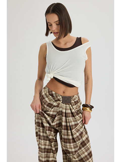 Mai Collection Corvin Pile Detaylı Dökümlü Kahve Ekose Pantolon - S000523320-19413