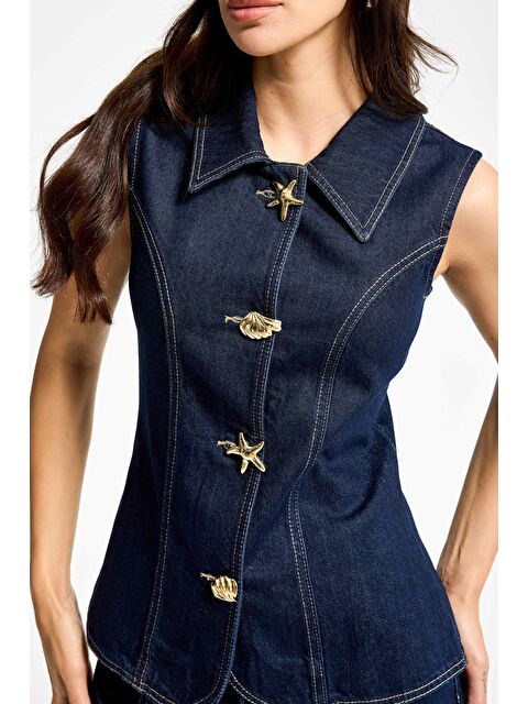 It's Basic Kadın İndigo Renk 7s6-50 Önü Tasarım Düğmeli Denim Sıfır Kol Yelek - S000489920-23093
