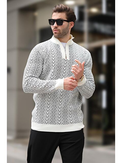 Madmext Ekru Fermuar Yaka Uzun Kollu Desenli Örme Kazak E7287 - S000292582-19965