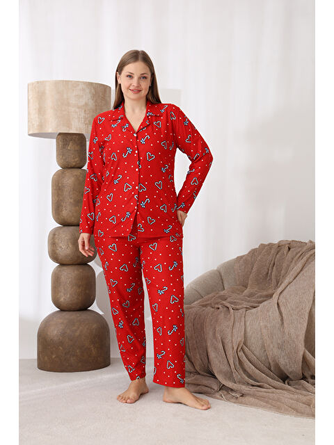 SEBOTEKS Boydan Düğmeli Yılbaşı Temalı Süet Kumaş Büyük Beden Kadın Pijama Takımı 515 - S000489758-20045