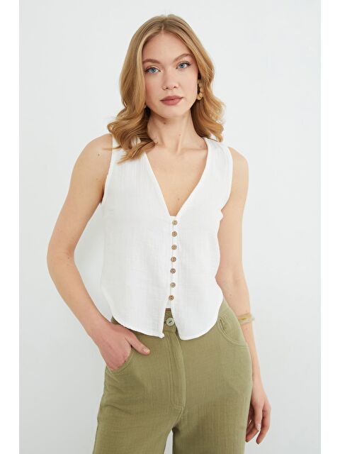 Fullamoda Düğmeli V Yaka Müslin Kumaş Yelek