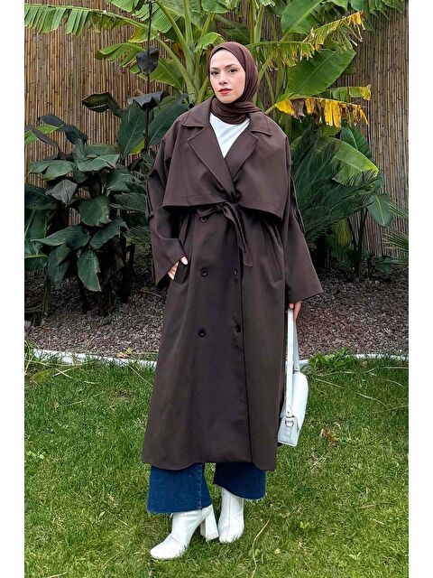 Lamelif Kuşaklı Poliviskon Trenç Kahverengi - S000518053-19413